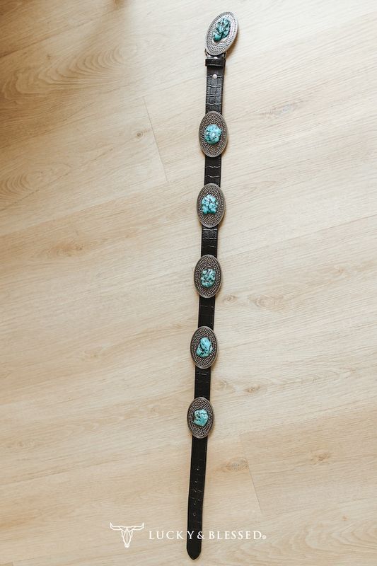 Black Genuine Leather Concho Turquoise Cluster Belt