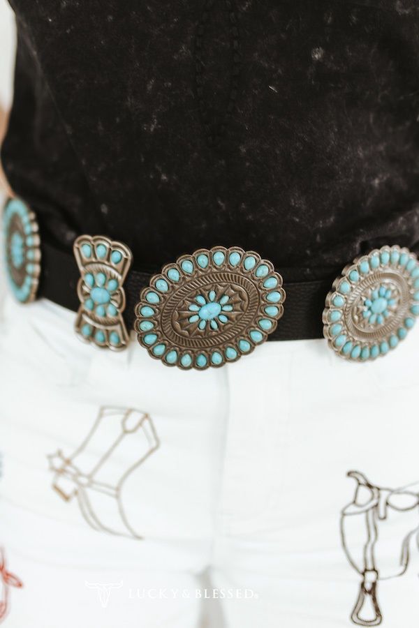 Black Genuine Leather Concho Tuquoise Ribbon Oval Belt