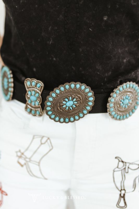 Black Genuine Leather Concho Tuquoise Ribbon Oval Belt