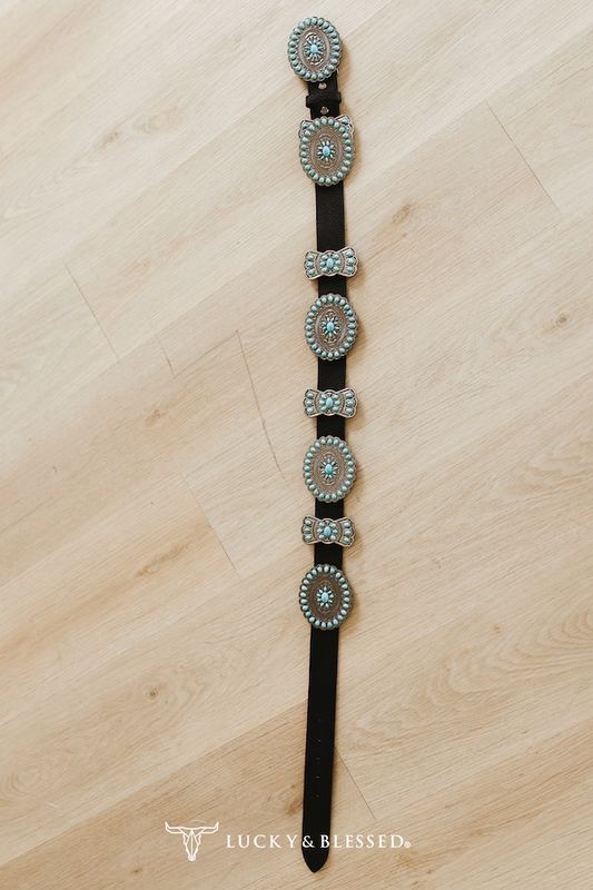 Black Genuine Leather Concho Tuquoise Ribbon Oval Belt