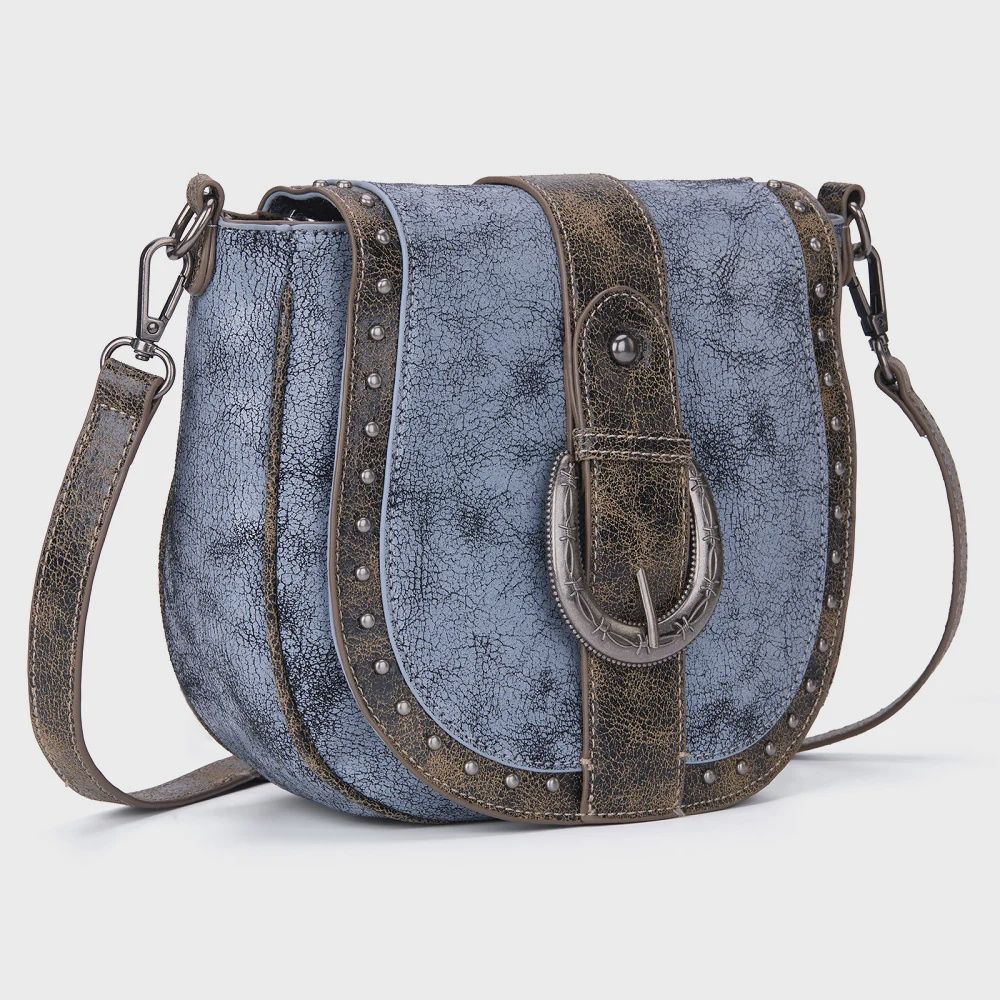 Western Buckle Studded Saddle Crossbody Bag, Color: Black