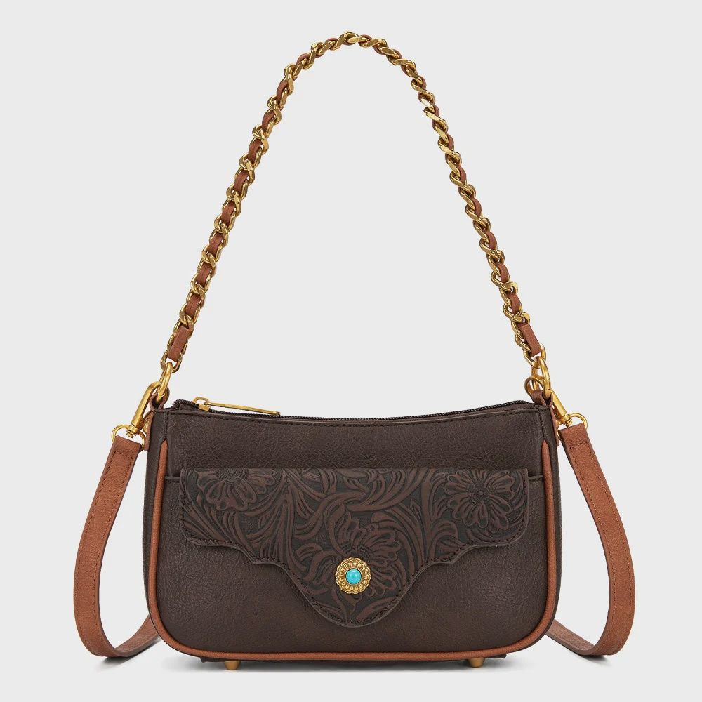 Tooled Floral Chain Shoulder Crossbody Bag, Color: Coffee
