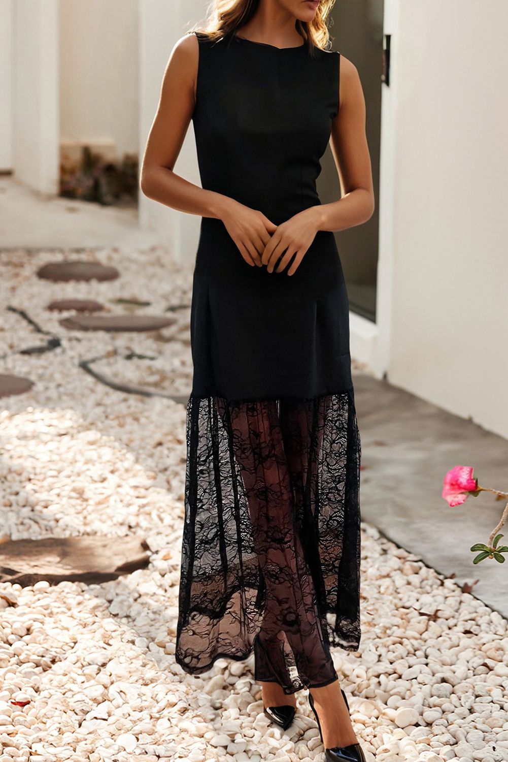 LDC Solid Color Sleeveless Sheer Floral Lace Patchwork Dress