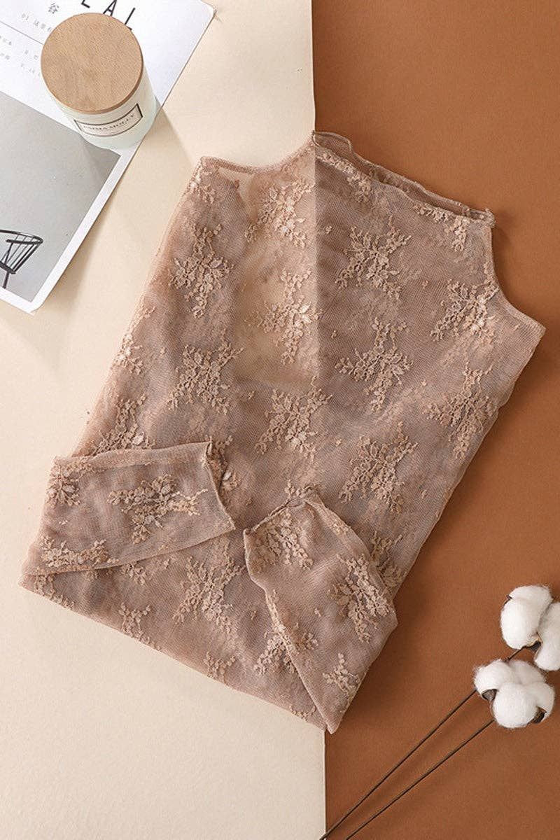 Sheer Lace Long Sleeve Top, Color: COFFEE, Size: XL