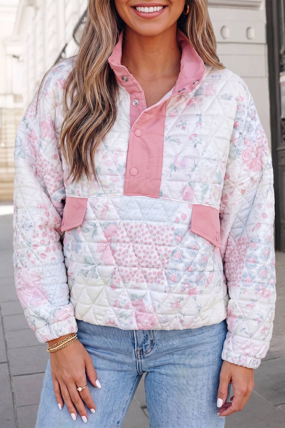 Floral Print Half Button Quilted Oversized Sweatshirt | S-XL