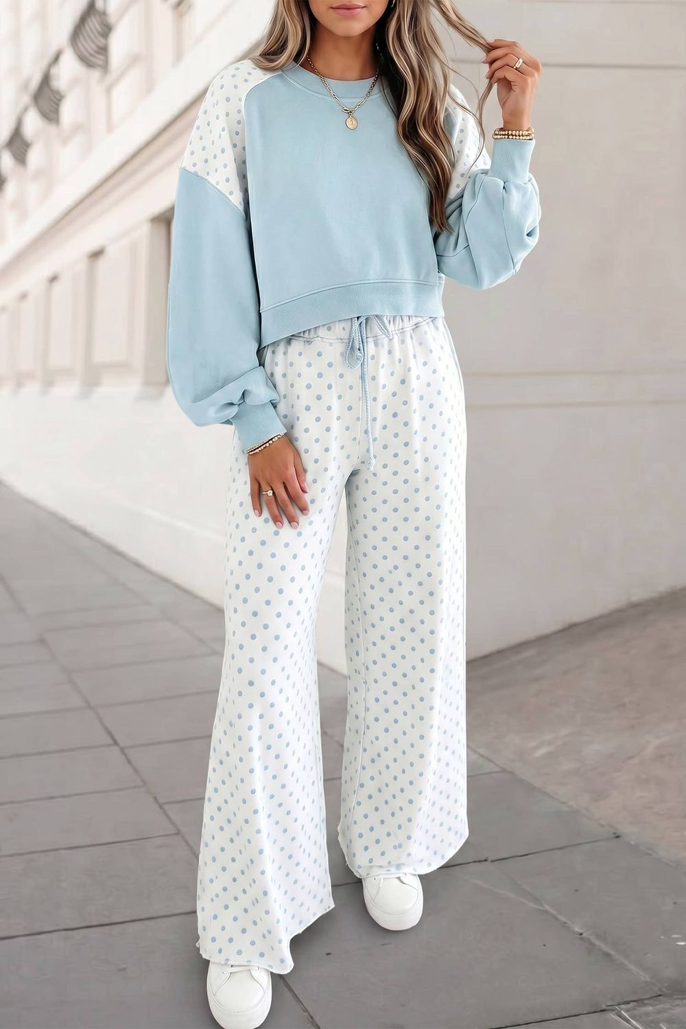 Polka Dot Print Patchwork Top 2pcs Pants Set