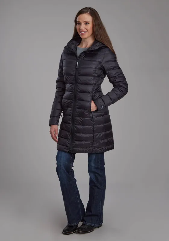 Womens Black Nylon Down Proof Long Coat Zipper Jacket