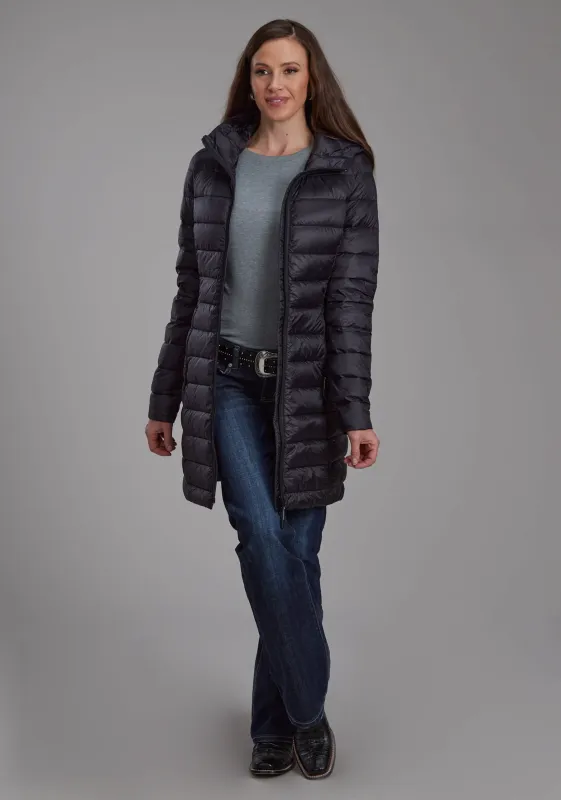 Womens Black Nylon Down Proof Long Coat Zipper Jacket