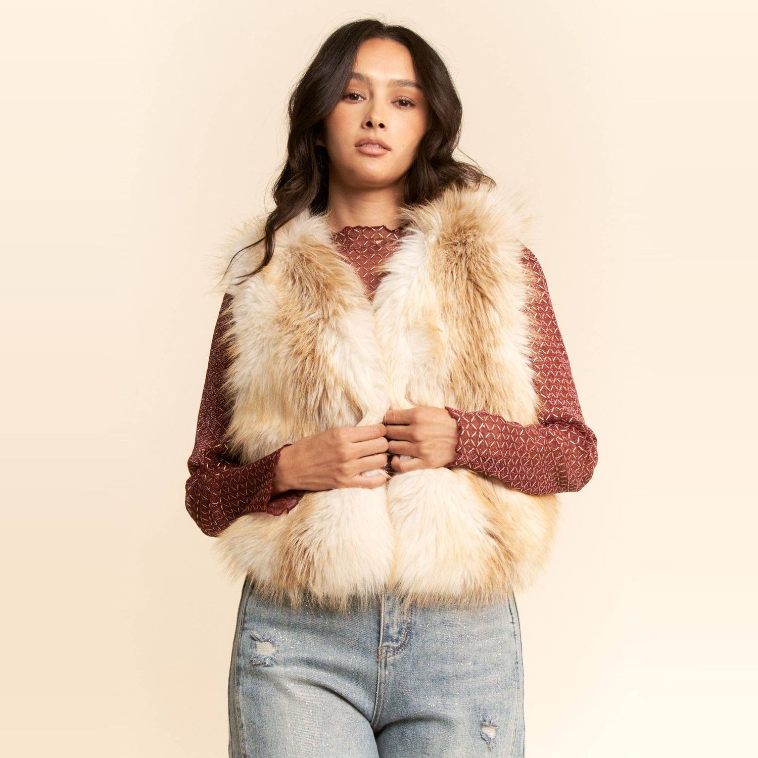 Shaggy Faux Fur Cropped Vest, Color: White Taupe, Size: SM