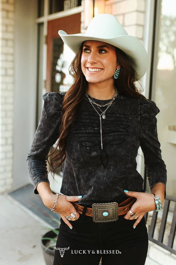 Black Mineral Wash Boot Stitch Embroidered Puff Sleeve Top
