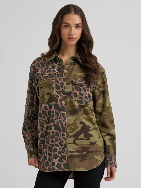 Women's Wrangler Mixed Print Boyfriend Western Snap Shirt