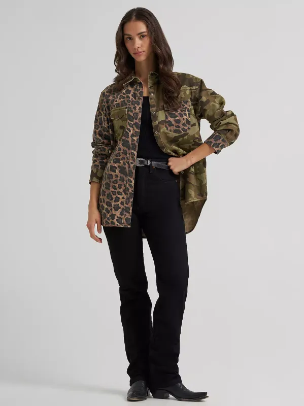 Women's Wrangler Mixed Print Boyfriend Western Snap Shirt