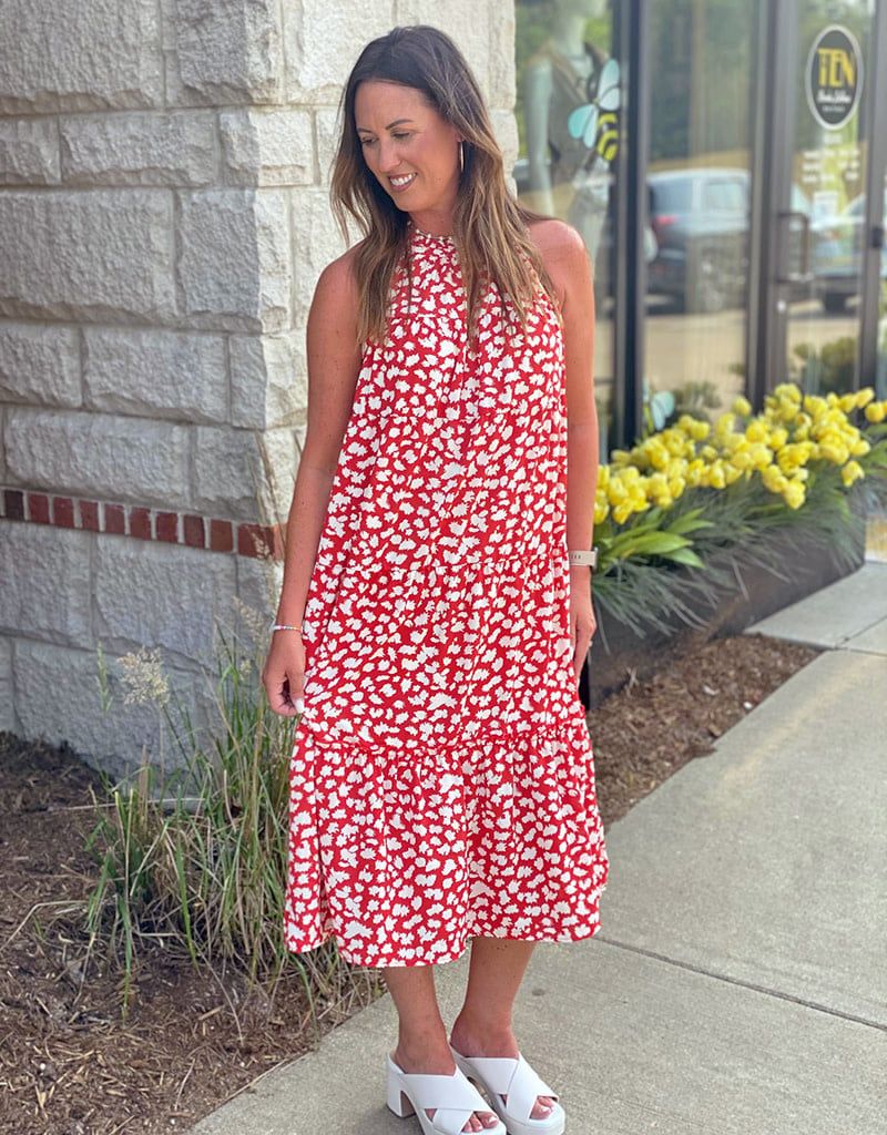 Red Print Halter Tiered Midi