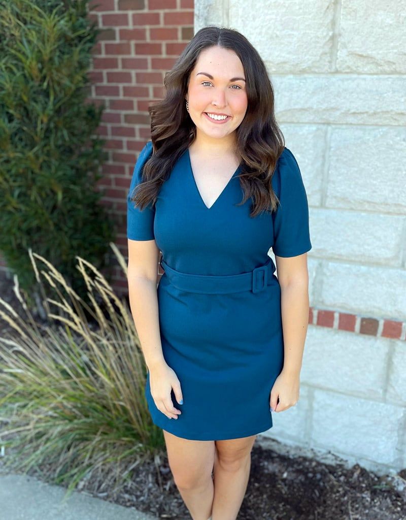 Blue Fit and Flare Belted Dress