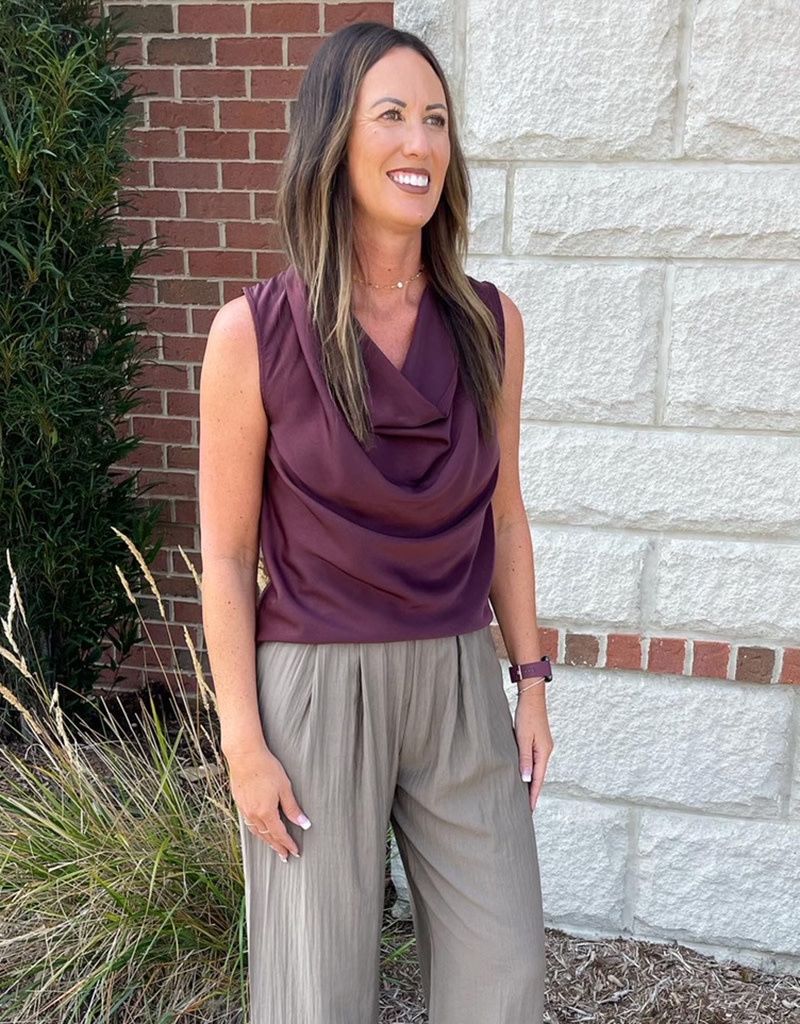 Dark Maroon Satin Cowl Neck Top