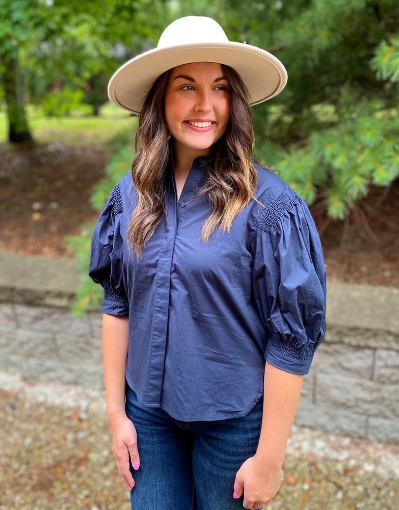 Deep Navy Smock Puff Sleeve Top
