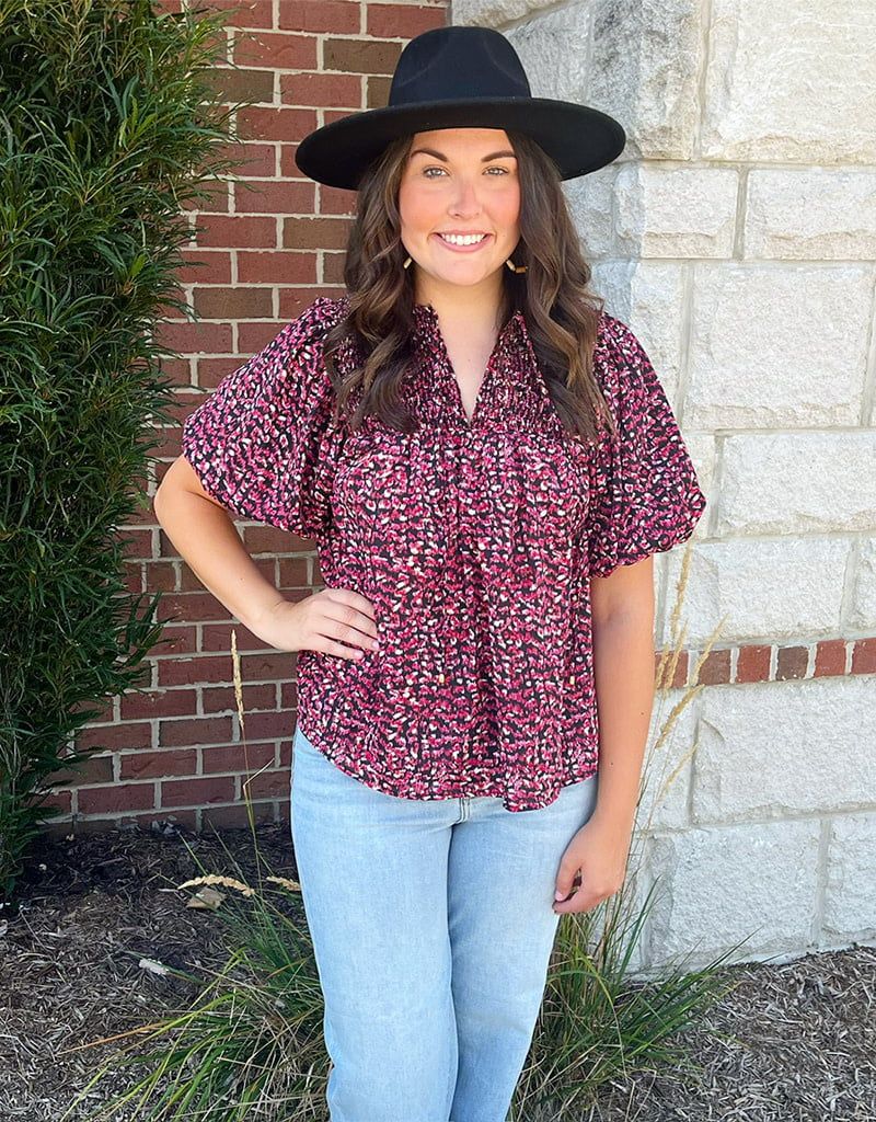 Raspberry Print Puff Sleeve Top