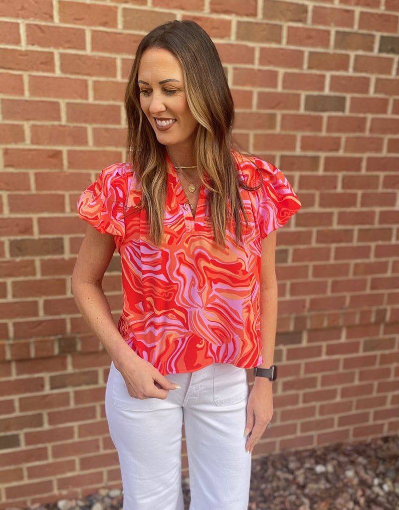 Orange Abstract Pattern Print Puff Sleeve Top