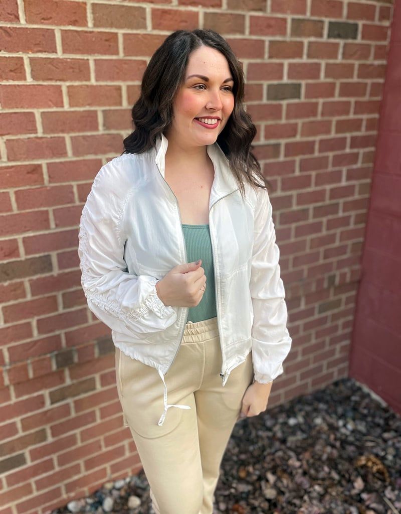Off White Ruched Sleeve Zip Up Jacket