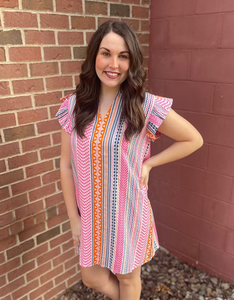Pink Flutter Sleeve Pattern Dress