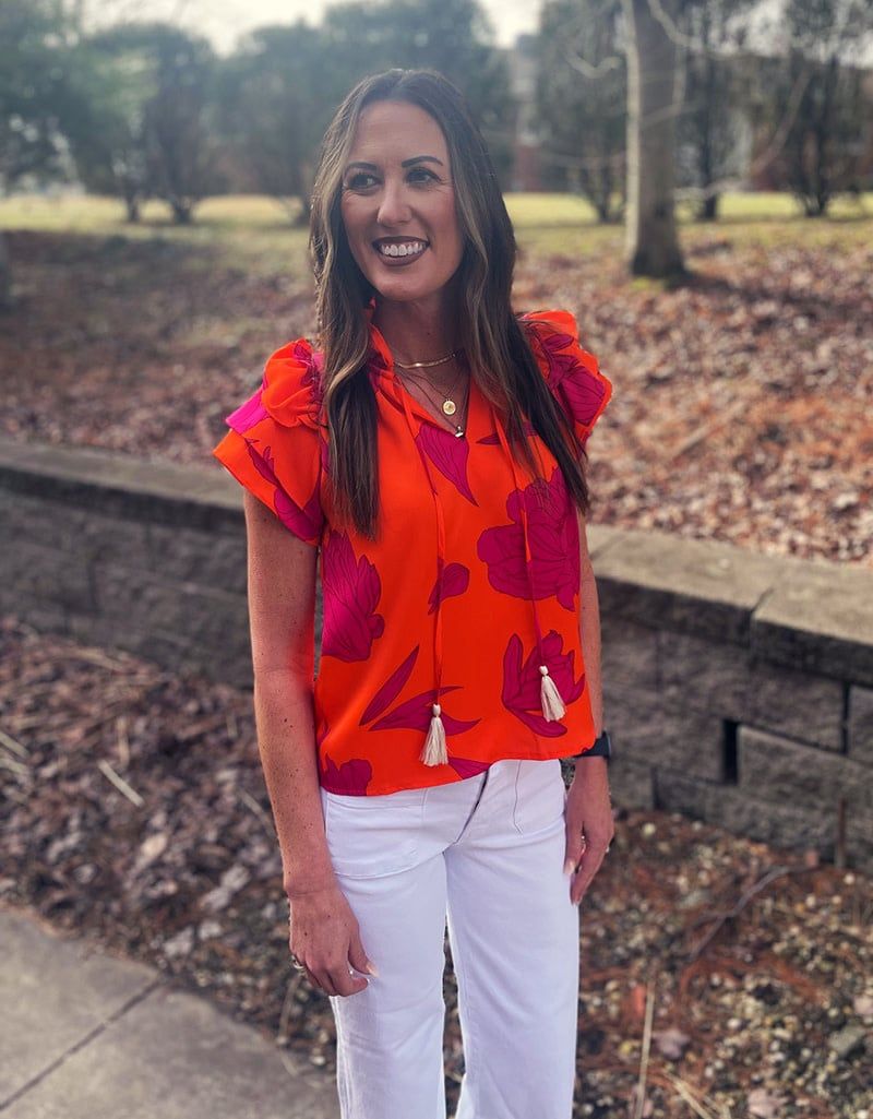 Orange Flutter Sleeve Floral Top