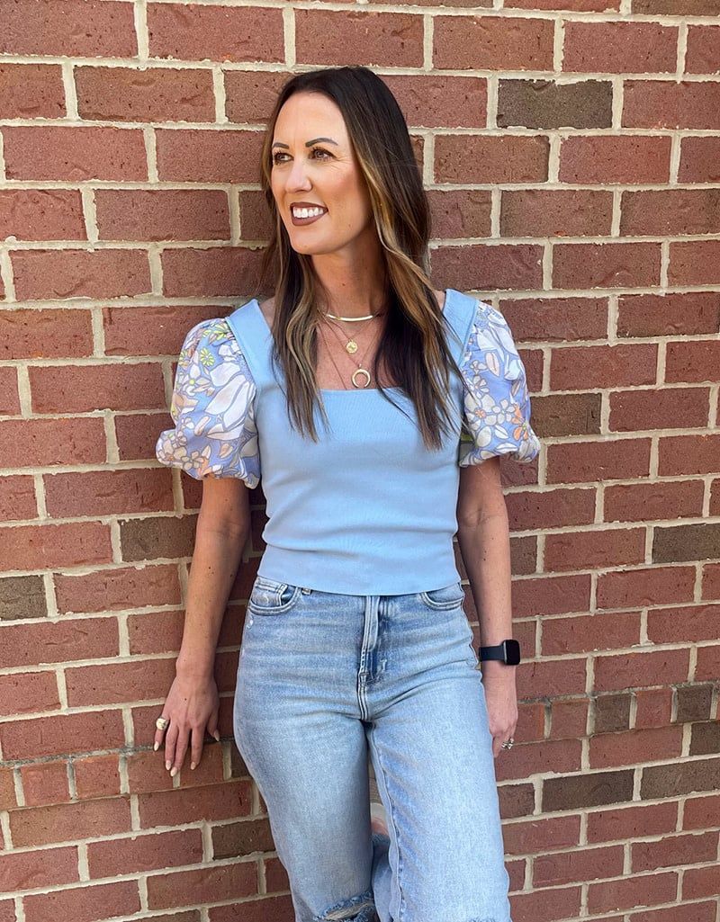 Blue Floral Puff Sleeve Squared Sweater