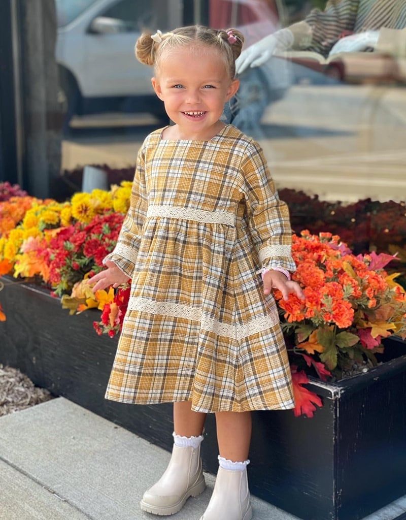 Coffee Plaid Lace Tiered Dress