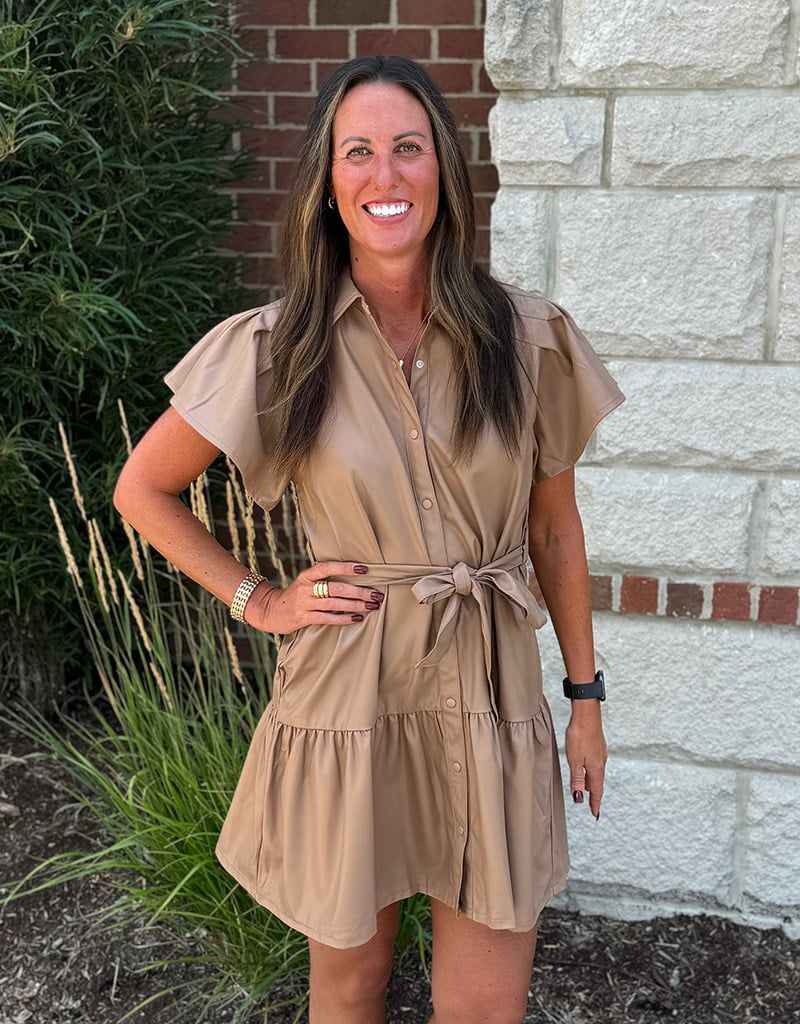 Tan Pleather Ruffle Tie Waist Dress