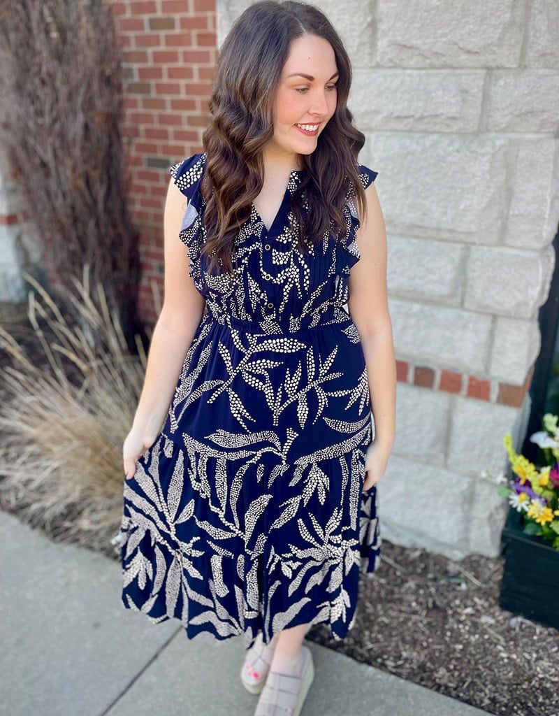 Navy Dot Print Flutter Sleeve Midi