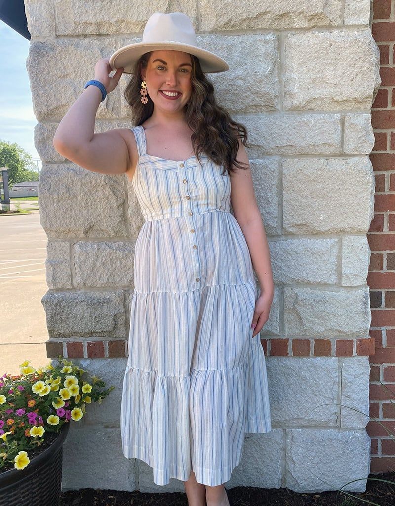Cream Stripe Sweetheart Neckline Tiered Midi