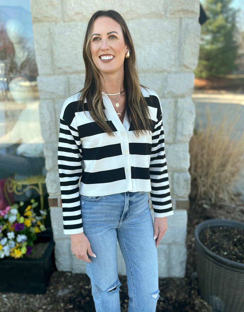 Black Collar Stripe Button Up Cardigan