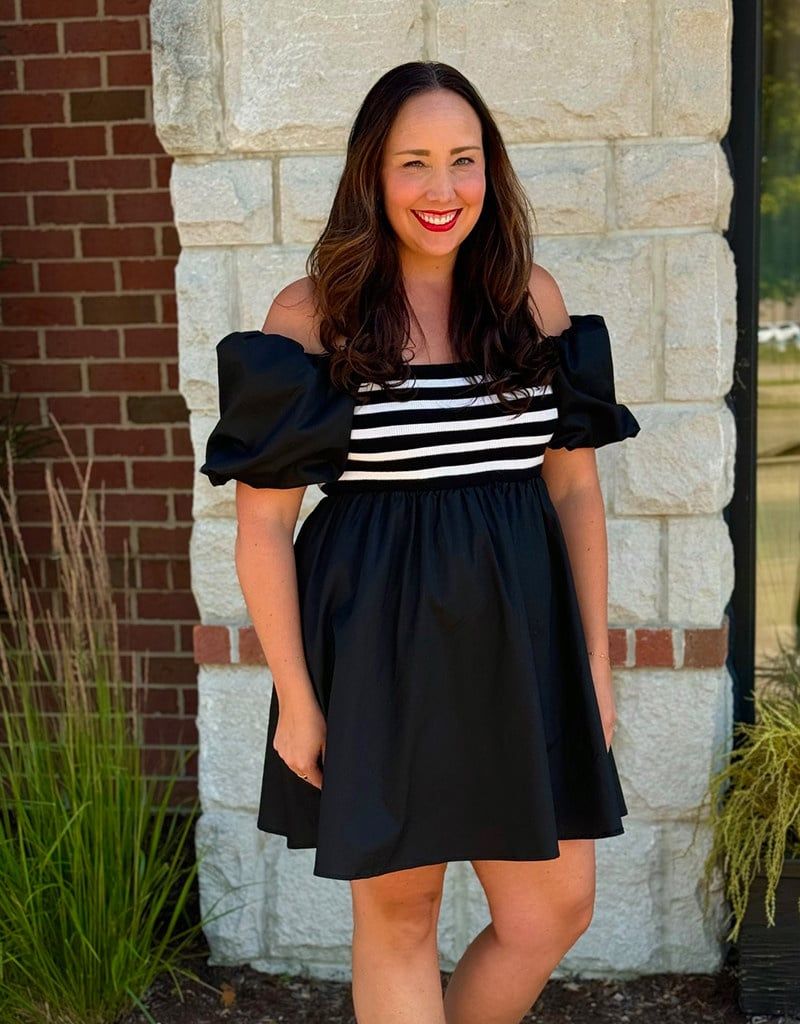 Black Stripe Puff Sleeve Dress