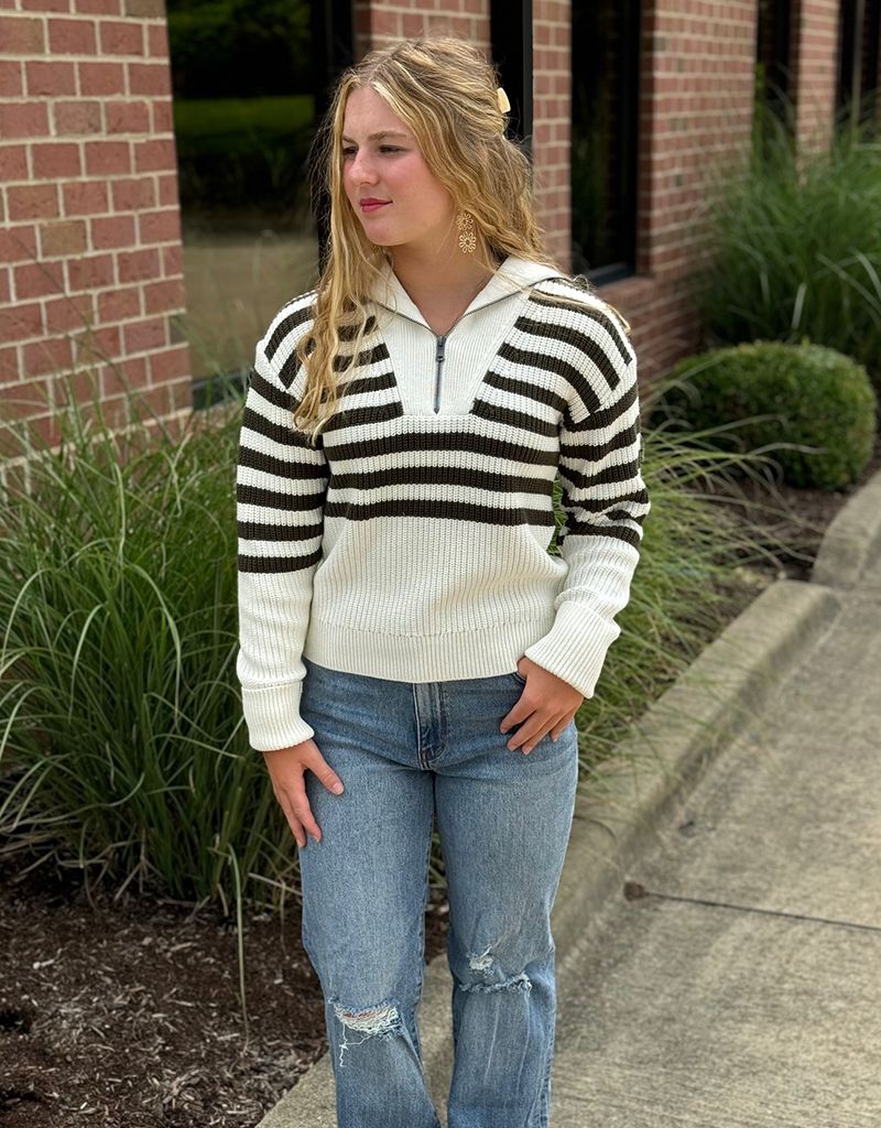 Olive Noley Stripe Zip Front Sweater