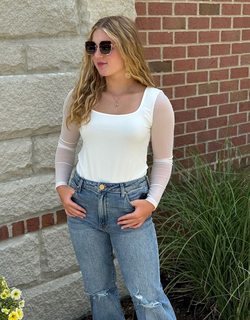 White Mesh Contrast Sleeve Square Neck Top