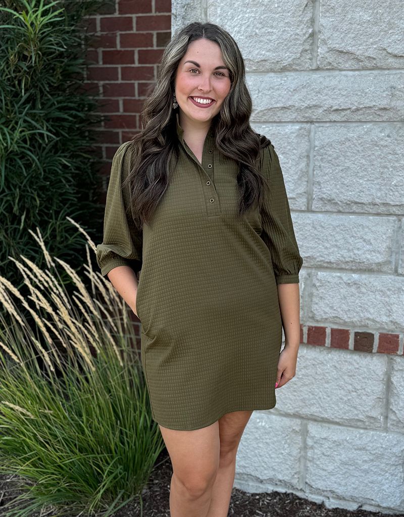 Olive Button Up Textured Dress