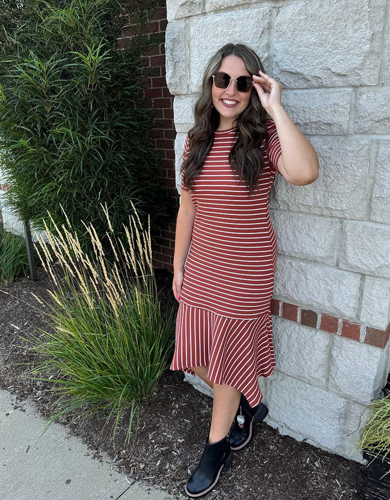 Camel Stripe Flutter Skirt Midi
