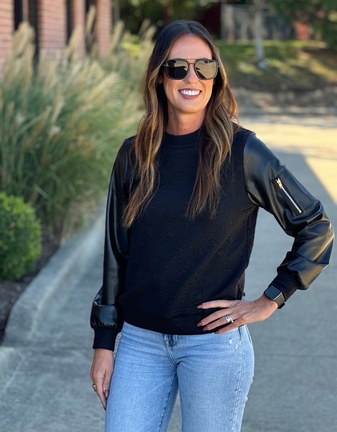 Black Pleather Sleeve Textured Top