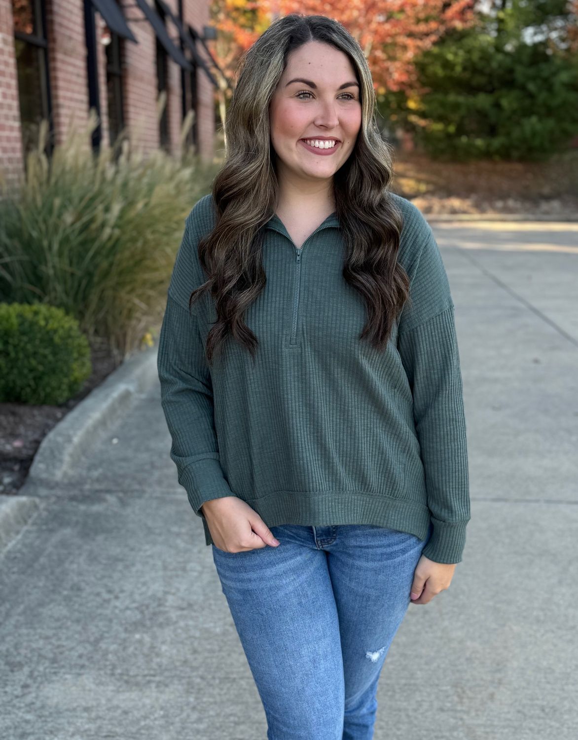 Teal Half Zip Ribbed Pullover