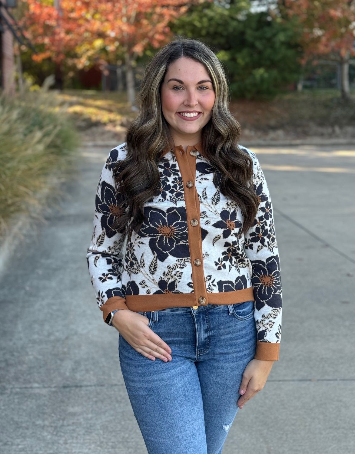 Ivory Floral Print Button Down Sweater