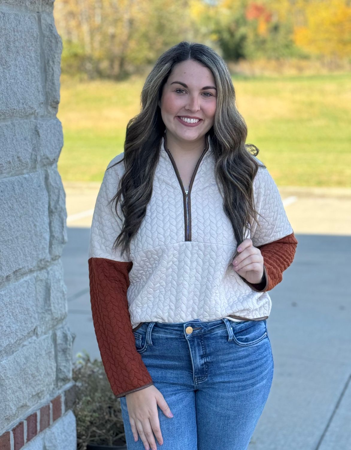 Beige Quilted Half Zip Sweater