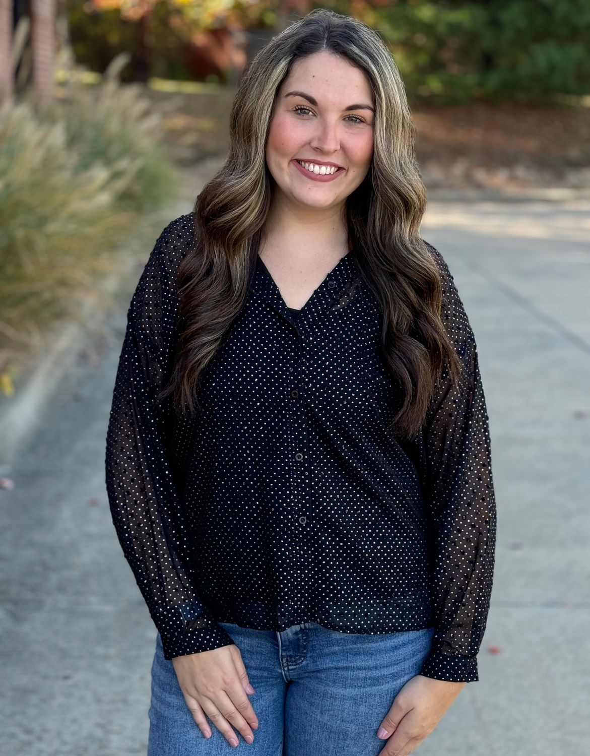 Black Stud Dot Button Up Blouse