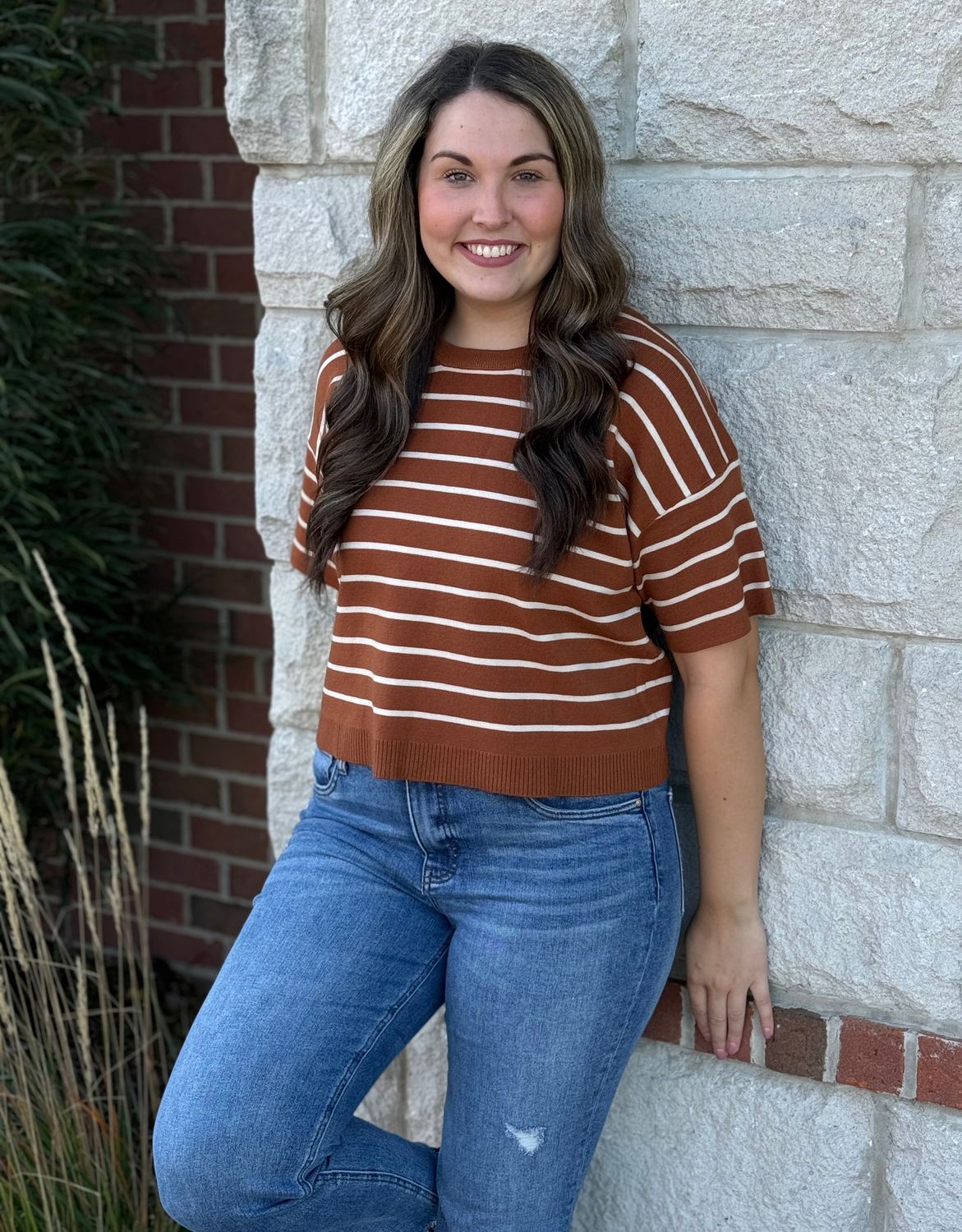 Rust Stripe Boxy Crop Sweater Top