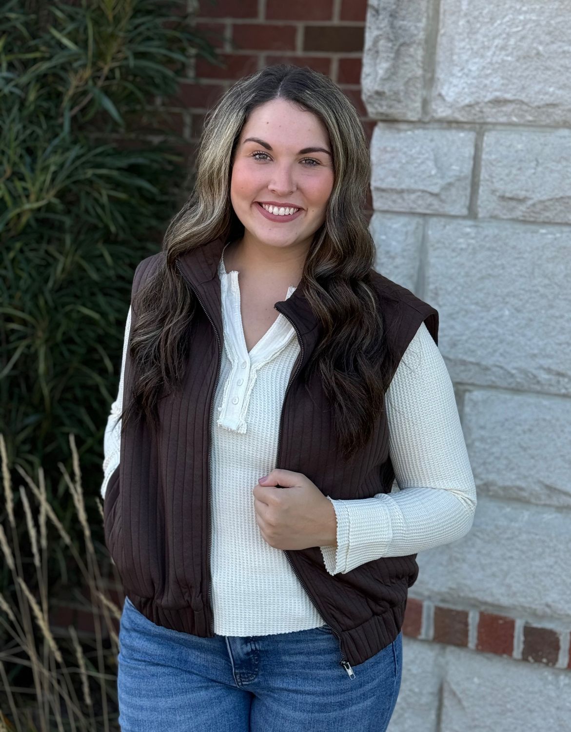 Brown Textured Zip Up Vest