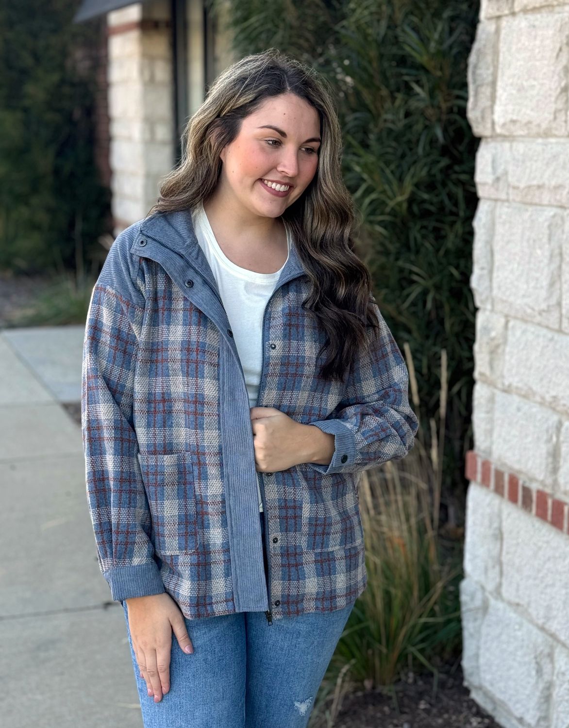 Dusty Blue Plaid With Corduroy Shacket