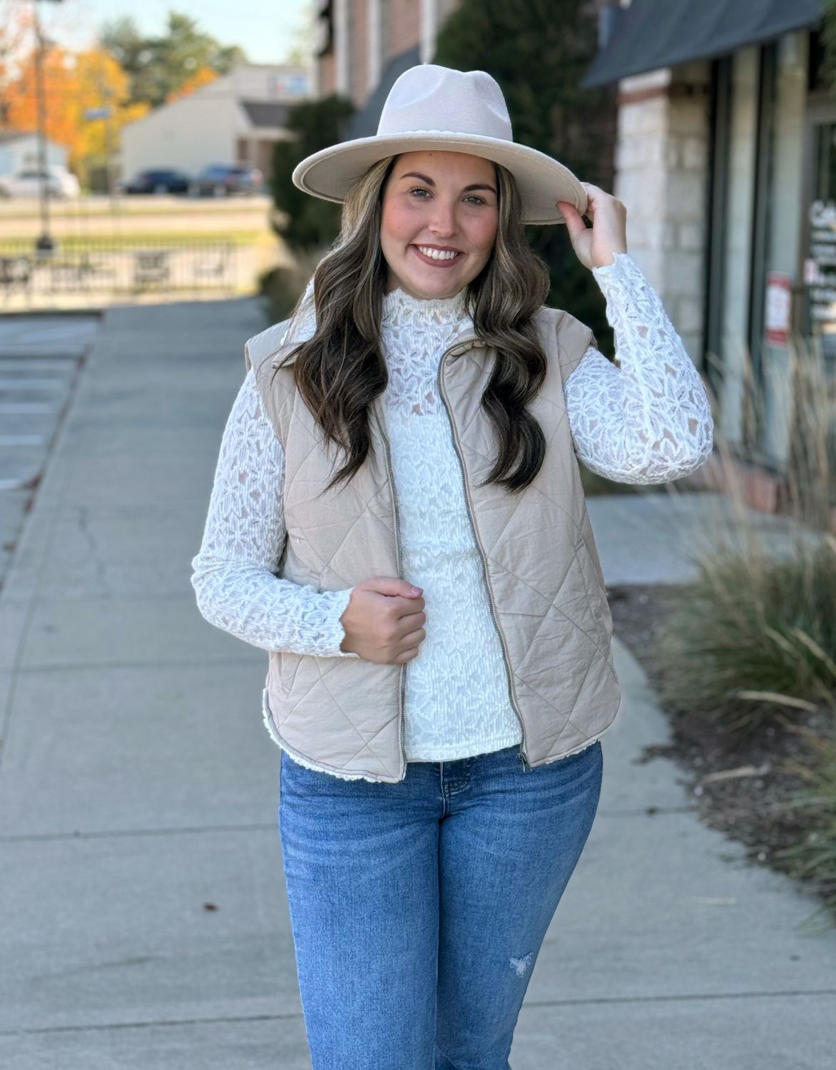 Khaki Quilted Zip Up Fleece Puffer Vest