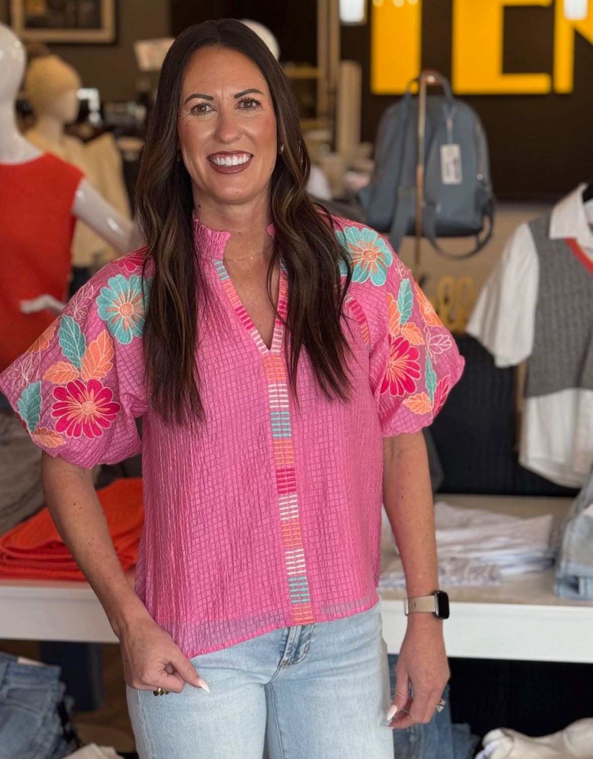 Pink V Neck Embroidered Puff Sleeve Top