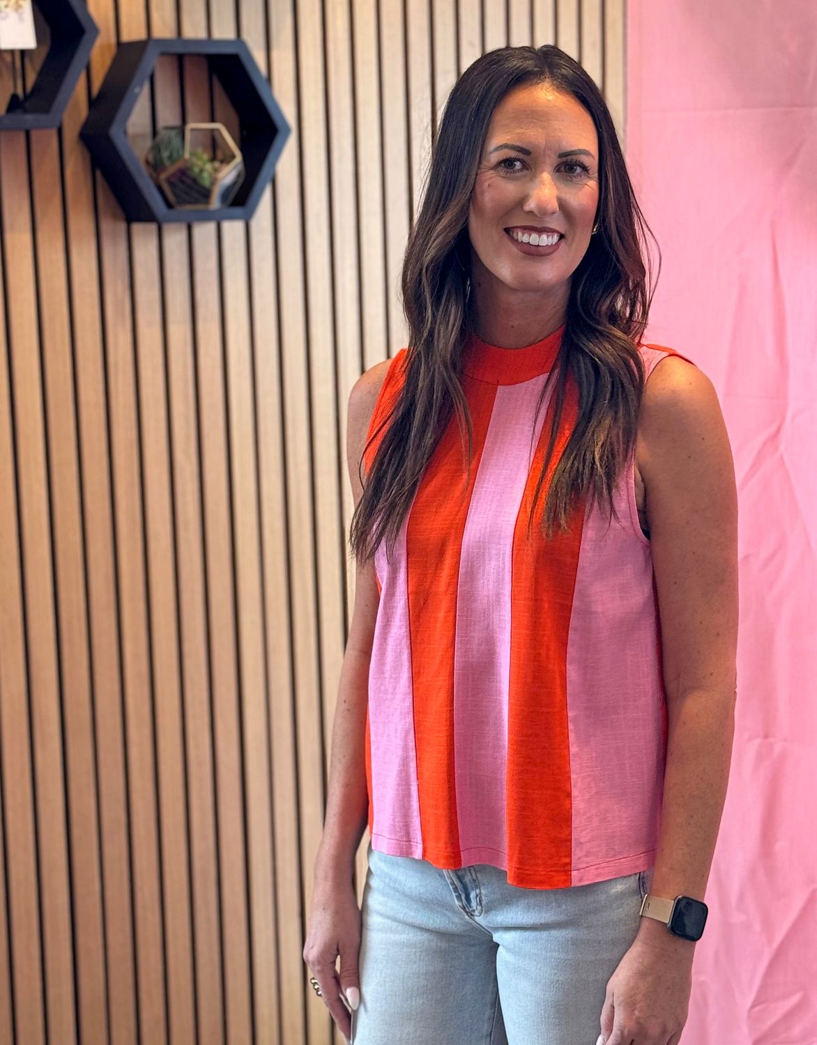 Pink and Orange Stripe Colorblock Top