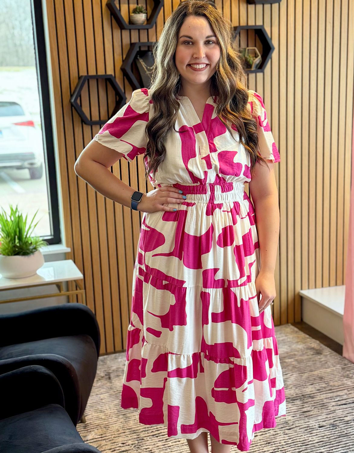 Pink Short Sleeve Print Tiered Midi