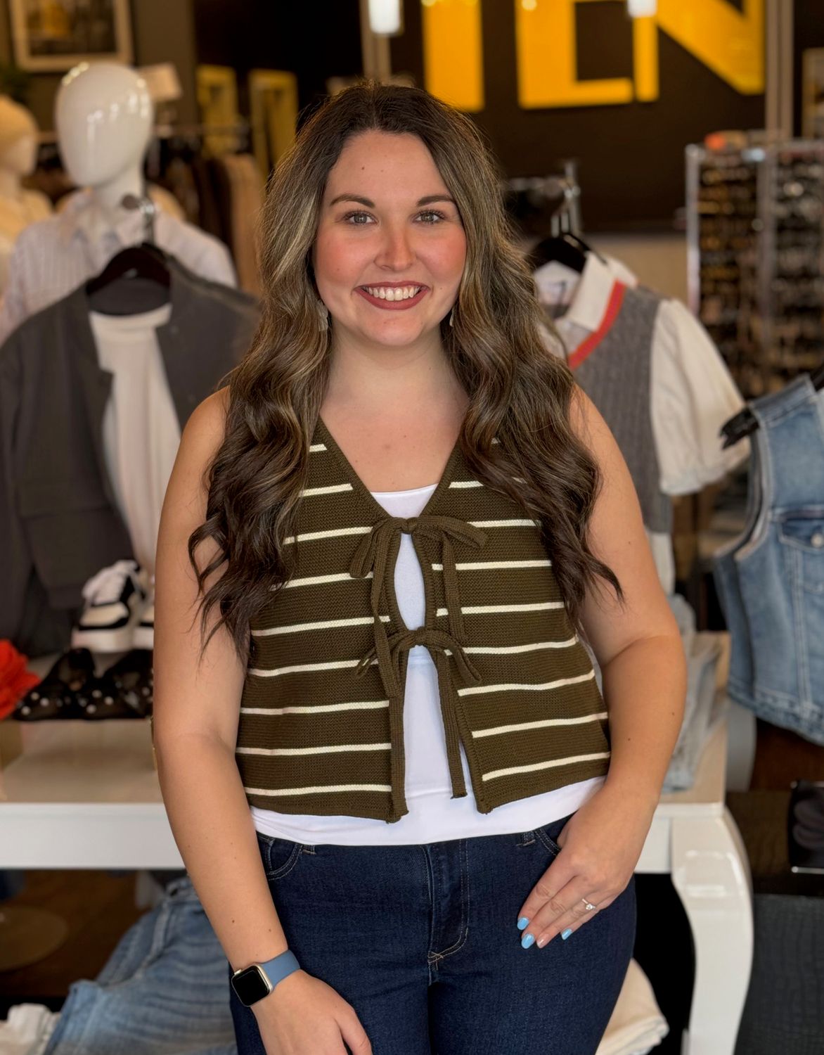 Olive Striped Knit Tie Front Vest