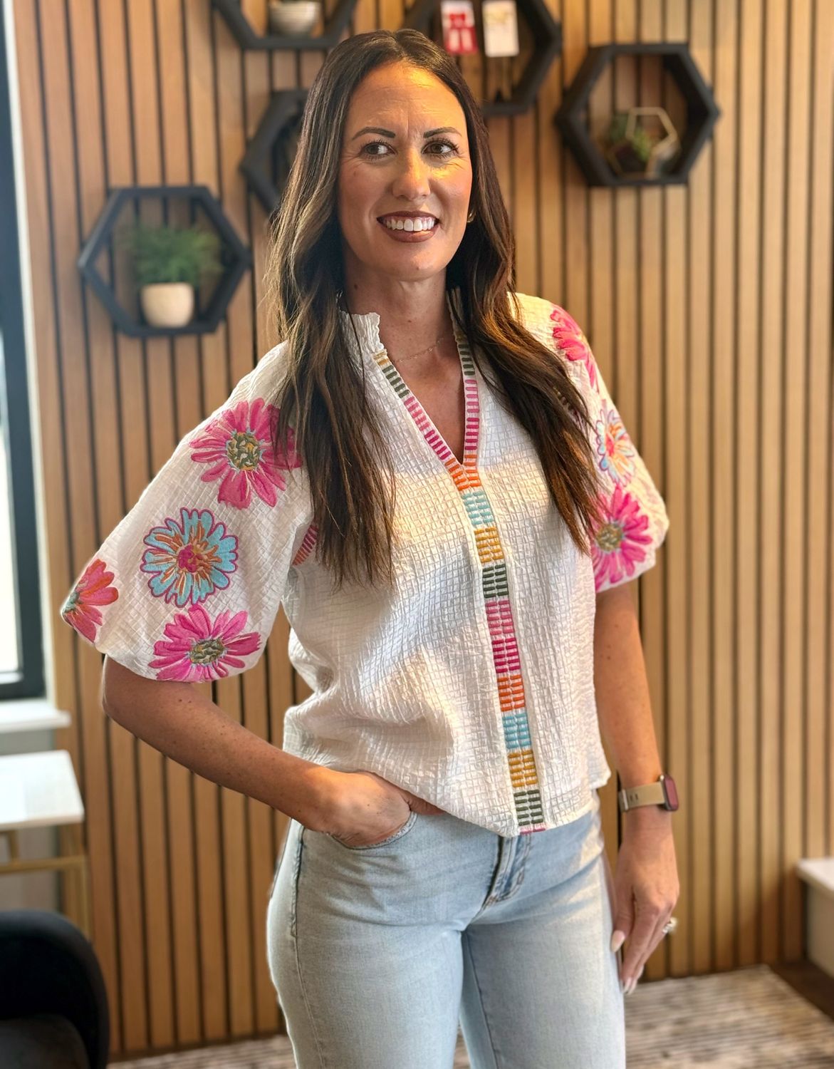 White V Neck Embroidered Puff Sleeve Top